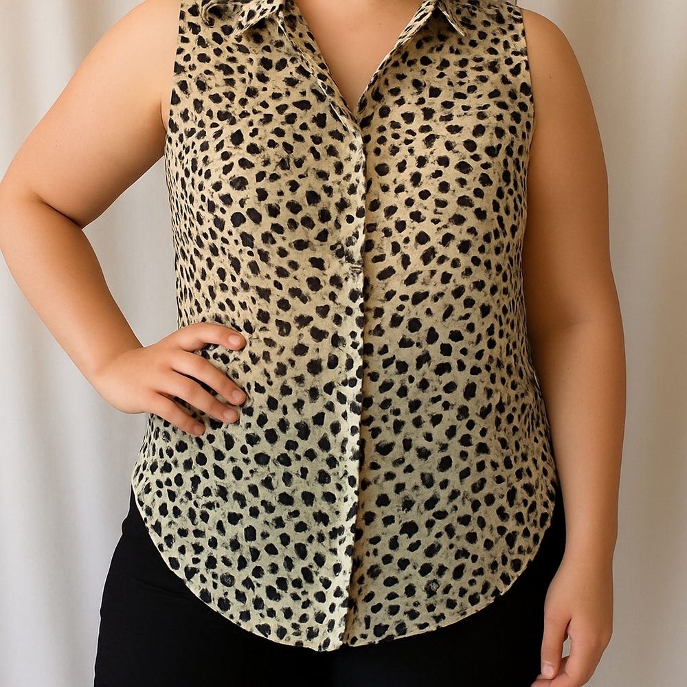 H&M Womens Size 12 Semi Sheer Animal Leopard Print Button Front Curved Hem‎
